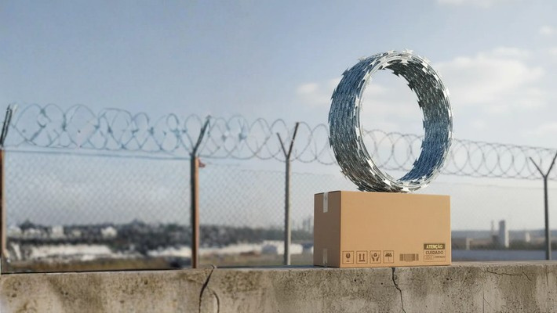 Concertina de segurança instalada sobre muro, com caixa de produto TOP Concertinas
